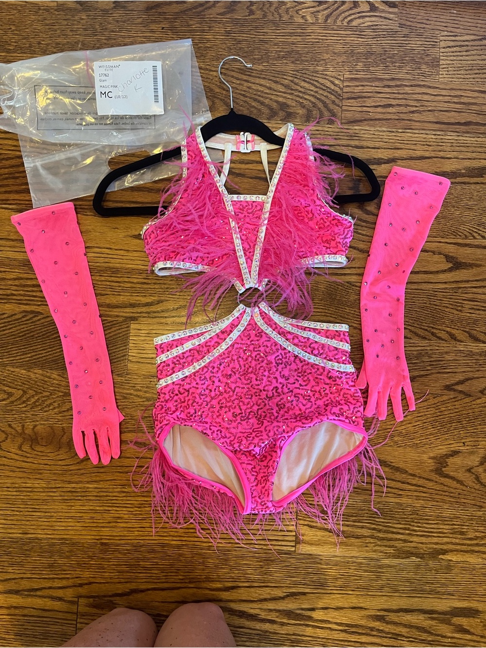 Weissman Hot Pink Sequin Feather Dance Costume with Gloves